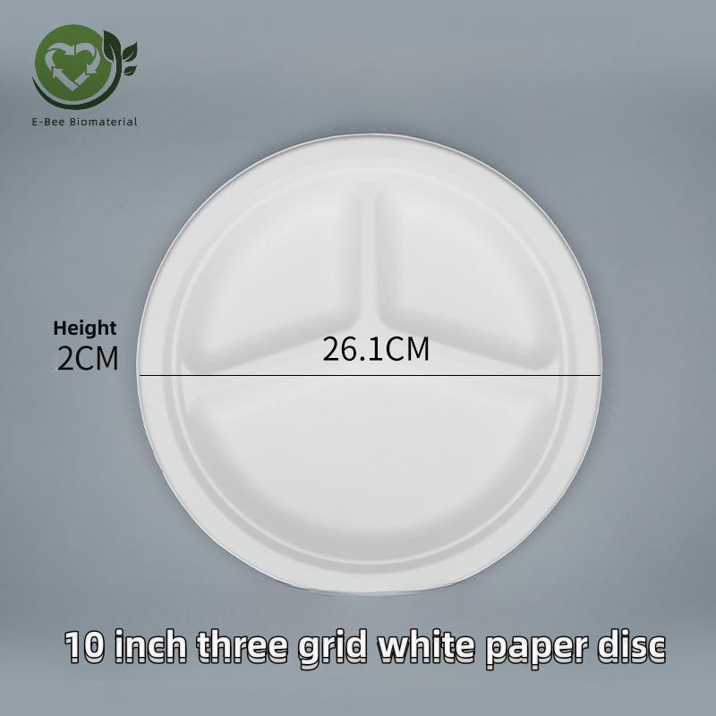 10 Inch Vexwarinê 3 Compartment White Bagasse Paper Plates